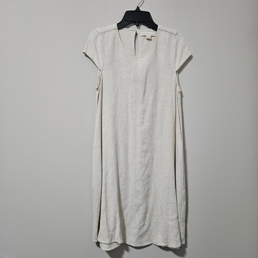 Monteau Los Angeles Linen Blend Shift Dress Beige Short Sleeve Keyhole Back XS
